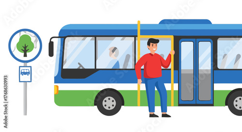 Illustration Of A Person Boarding A Bus At A Bus Stop During The Day