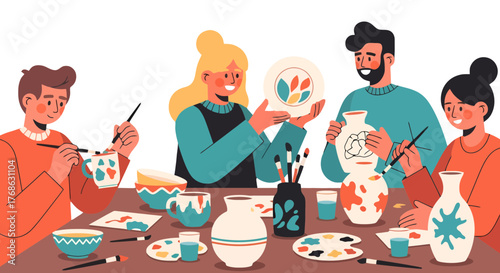 Group Of People Enjoy Pottery Painting, Art And Craft Session Together