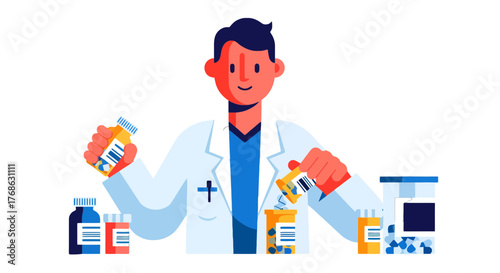 Illustration Of A Pharmacy Technician Dispensing Medication From Various Bottles With Black