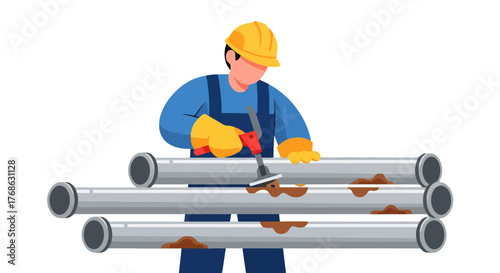 Illustration Of A Plumber Cleaning Rusty Pipes Against A Black Background
