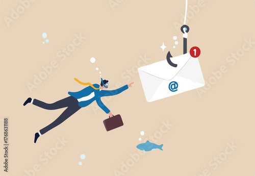 Phishing email, fraud or scam mail offer fake login or password form to steal personal information, online crime concept, greedy businessman diving underwater to catch email envelope with fishing hook