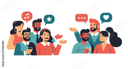Group Of People Interacting With Speech Bubbles Symbolizing Communication And Ideas