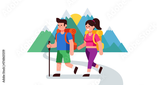 Illustration Of Couple Trekking In The Mountains Enjoying A Perfect Hike With Backpacks And Poles