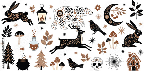 Mystical forest animals, rabbit, deer, bear, moon, mushrooms, potion, lantern, folk art style, black and white vector illustration