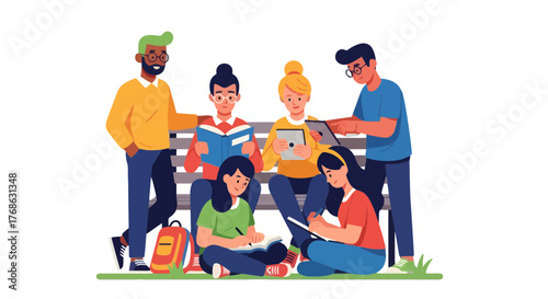 Group Of Students Studying Together Sharing Ideas And Learning In Park Environment