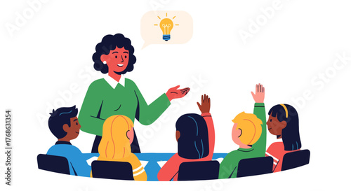 Illustration Of Education: Teacher With Students Brainstorming To Solve A Problem