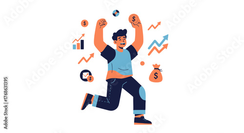 Illustration Of Financial Success: Achieving Goals And Celebrating Profits With Joyful Expression