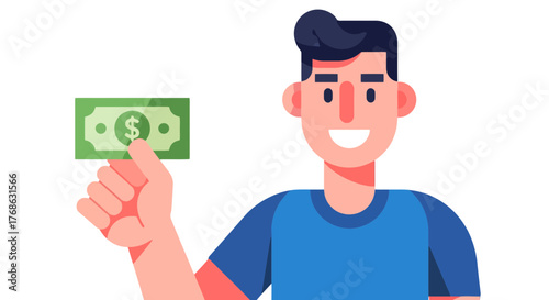 Happy Man Holding Cash Illustrates Financial Success and Monetary Prosperity Symbolically