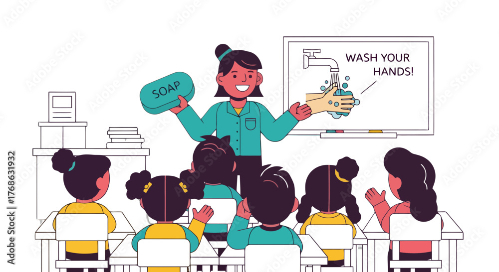 Obraz premium Hygiene Demonstration: Teacher Explains Handwashing In The Classroom To Children