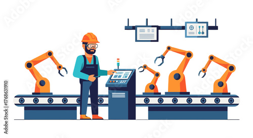 Industrial Automation: Engineer Supervising Robotic Arms On The Production Line