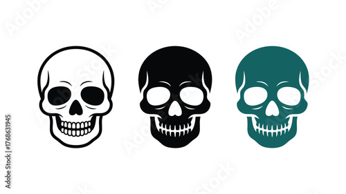 Three stylized skulls in white, black, and teal on a white background.