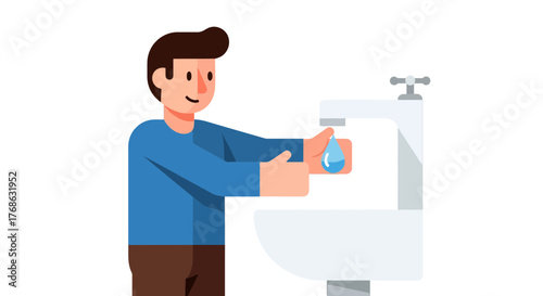 Hygiene Practices Depicted Using Bathroom Sink and Person Demonstrating Hand Washing
