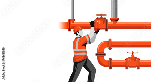 Industrial Engineer Fixing a Complex System of Orange Pipes and Valves on a Black Background