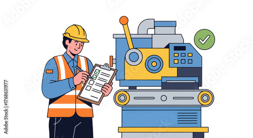Industrial Engineer Inspecting Machinery And Equipment Verification Using Checklist