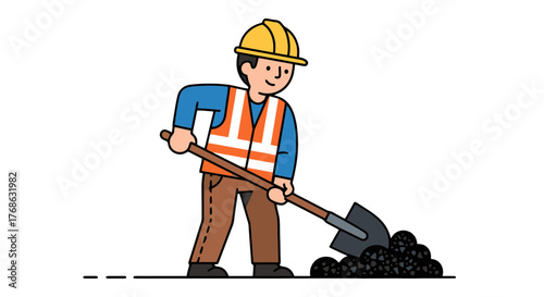 Illustrated Construction Worker Shoveling Materials On Black Background For Relevant Uses