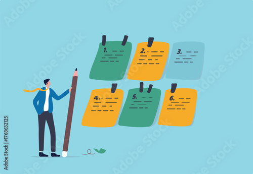 Category or prioritize work for project management, sorting important or urgency tasks, organize and plan for business success, kind or type concept, businessman with pencil categorized sticky notes.