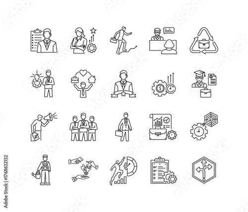 Career planning icon set, including professional development, career path, job interview, career change, internship, productivity,  work editable strokes. illustration on white background