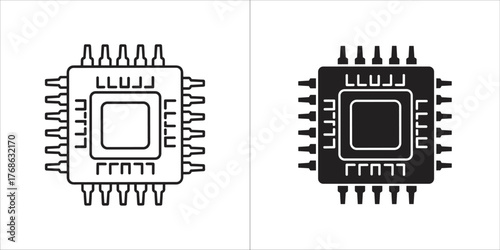 Two computer processor chip icons, one black and white outline, the other black silhouette