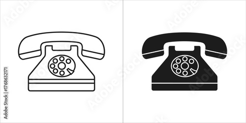 Two icons of a rotary dial telephone, one in outline and one in solid black