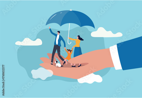 Life insurance, family protection to assure members will be financially supported and risk cover concept, lovely family with husband, wife and kids in supporting hand with umbrella cover protection.