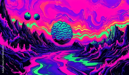 Psychedelic brain landscape with neon colors and surreal elements high resolution photo