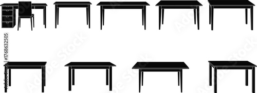 Silhouette desk and table collection, furniture icon set, black vector shapes, minimalist workstation designs, interior decor elements, editable illustration for stock
