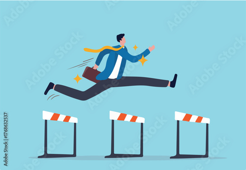 Success to win in business competition, overcome obstacles or motivation to solve problem and lead company achievement concept, confident businessman leader jump high over 3 hurdles to be winner