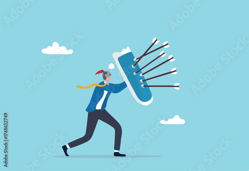 Shield protection from threats, security attack or business risk, insurance or safety guard to protect from threatening concept, strong businessman with armor and shield to protect from bow arrows.