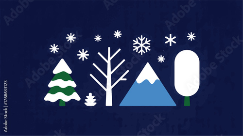 Stylized Winter Landscape with Snowflakes and Trees on Dark Blue Background pine tree