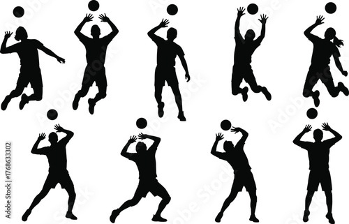 Volleyball player silhouette vector set, black action poses, dynamic sport illustration, jump and spike icons, athletic movement design, editable graphic asset