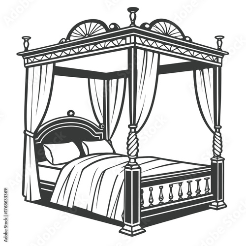 Ornate four poster bed with curtains black and white vector illustration scalable eps vector