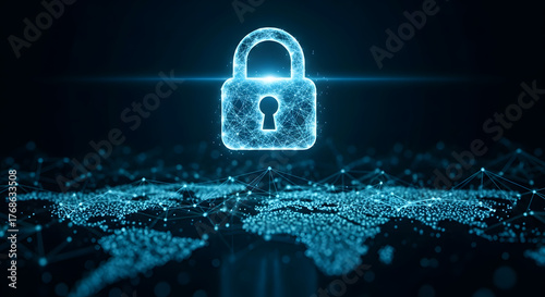 Padlock icon glowing above digital network background