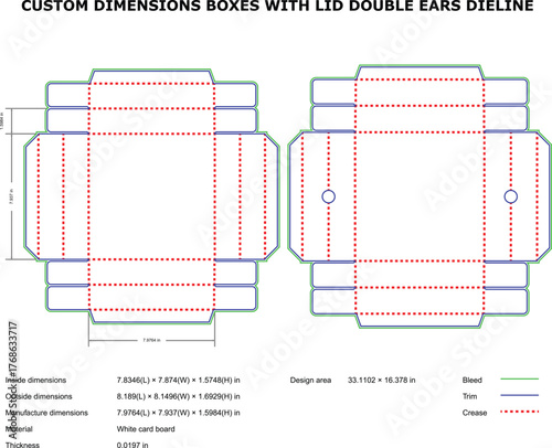Custom Dimensions Box with Lid and Double Ears Dieline — Packaging Template