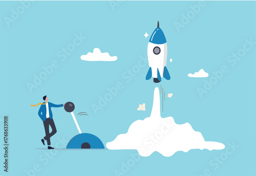 Start your own business, launch success rocket or entrepreneur, startup project or boost company growth, invention concept, ambitious businessman entrepreneur push switch to launch rocket into sky.