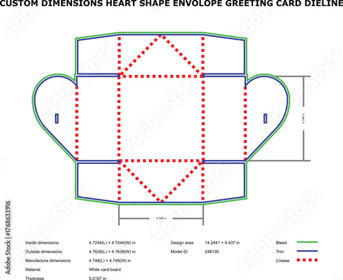 Custom Dimensions Heart Shape Envelope Greeting Card Dieline — White Card Board Template