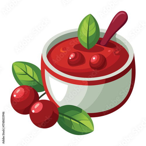 Cherry jam in a glass jar with fresh red berries and leaves