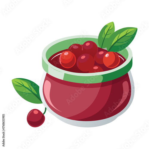 Red currant jam in a glass bowl with cherries and berries vector illustration