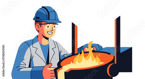 Industrial Metallurgy Illustration Depicting A Smiling Technician Pouring Molten Metal