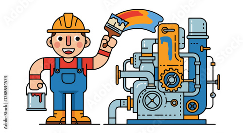 Industrial Painter Conceptualizes Innovation in Machinery with Colorful Brushstroke Illustration
