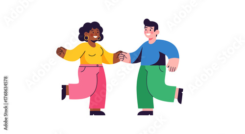 Joyful Dancing Partnership Depicted With Colorful Outfits Against a Black Canvas