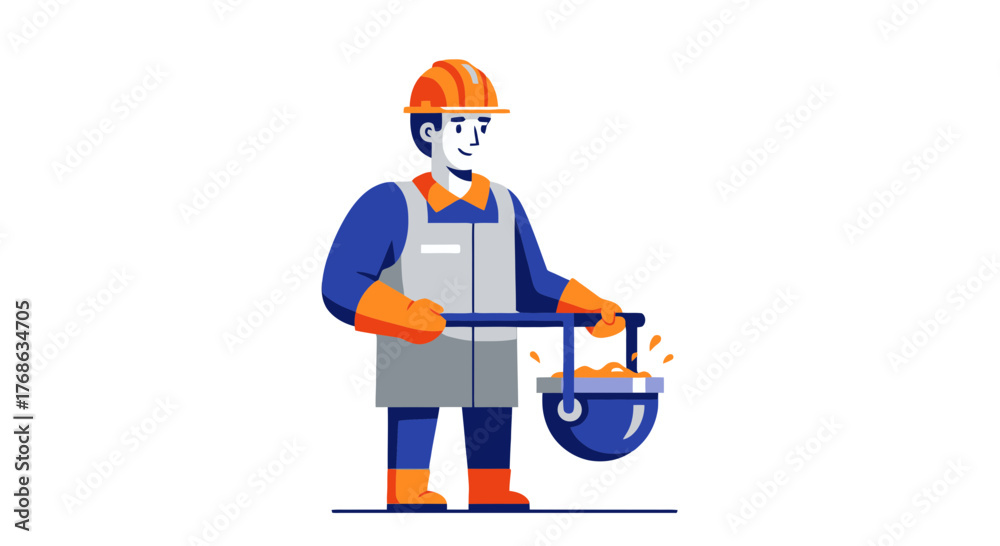 Fototapeta premium Industrial Worker Delivering Molten Material With Safety Gear On a Dark Background