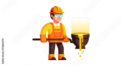 Industrial Worker Supervising Molten Metal Pouring From a Reservoir Into A Mold On Black