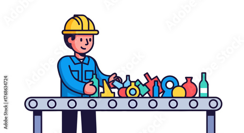 Industrial Worker Supervising a Dynamic Conveyor Belt laden with a Variety of Bottles