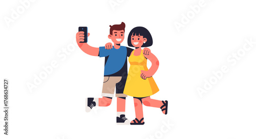 Joyful Friends Embrace Capturing a Self-Portrait with a Mobile Phone In Animation