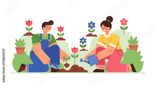 Joyful Gardening: A Couple Nurturing Flowers with Gratitude and Passion for Flora