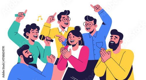 Joyful Gathering of Friends Celebrating with Applause and Music on Black Background