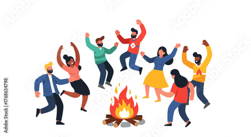 Joyful Gathering Of Friends Dancing Around A Campfire On A Black Backdrop