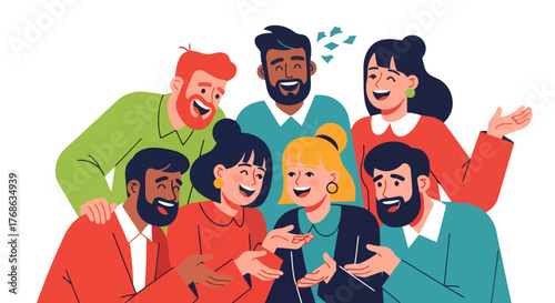 Joyful Group Celebrating Together, Smiling and Conversing, Positive Expressions