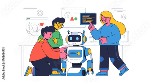 Innovative Team Collaborating on Robot Development and Programming for Future Advancements