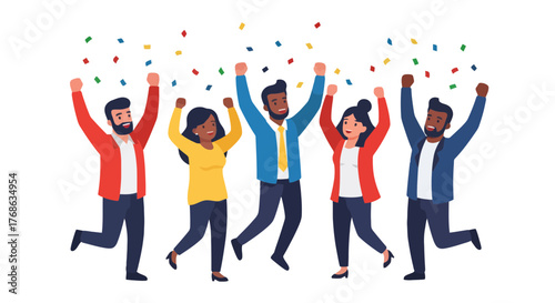 Joyful Group Celebrating With A Festive Confetti Shower On Black Background